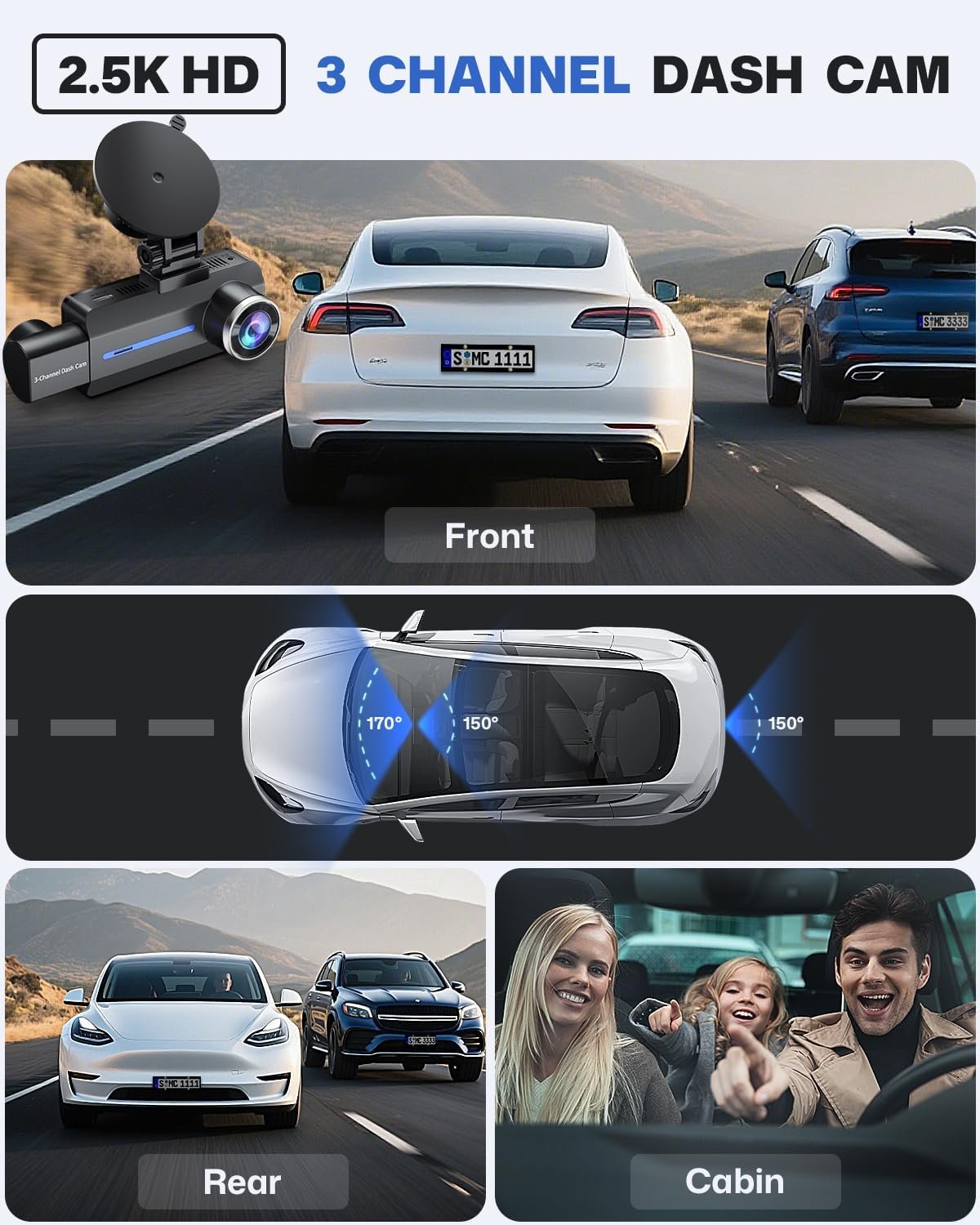 BAEASU Dash Cam Front and Rear 2.5K/1440P, 3 Channel Dash Camera for Cars Dash Cam Front Rear and Inside with 32GB Card, 3.16" IPS Screen, G-Sensor, Loop Recording, Night Vision, Parking Mode