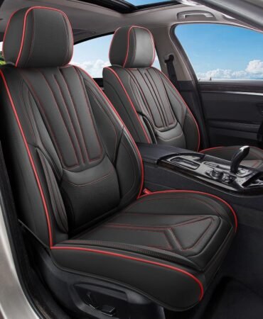 Car Seat Covers Full Set Black and Red line, Premium Leather Car Seat Covers, Waterproof and Breathable Seat Covers, Universal Car Seat Protector Fit for Cars, Trucks, SUVs, Pick-ups