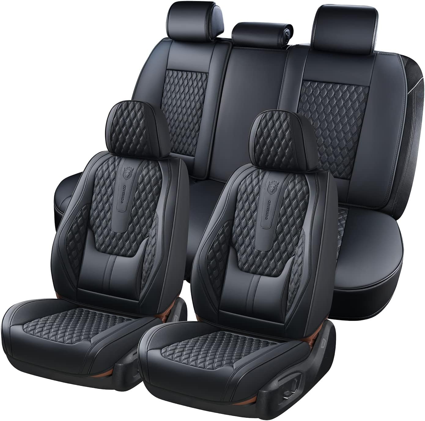 Coverado Car Seat Covers Full Set, Black Seat Covers for Car with Lumbar Support, Nappa Leather Seat Covers Waterproof Car Seat Protectors Universal Fit for Most Cars SUV Trucks