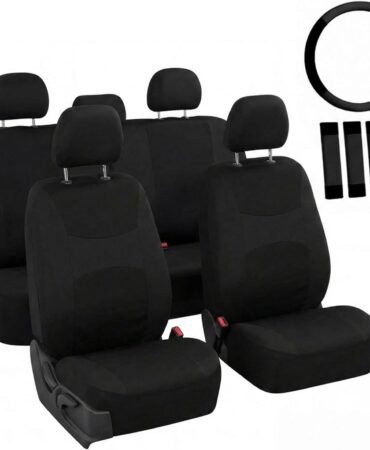 FH Group Full Set Cloth Car Seat Covers, Universal Fit Front and Split Bench Rear, Airbag Compatible, Washable for SUV, Sedan, Van - Black