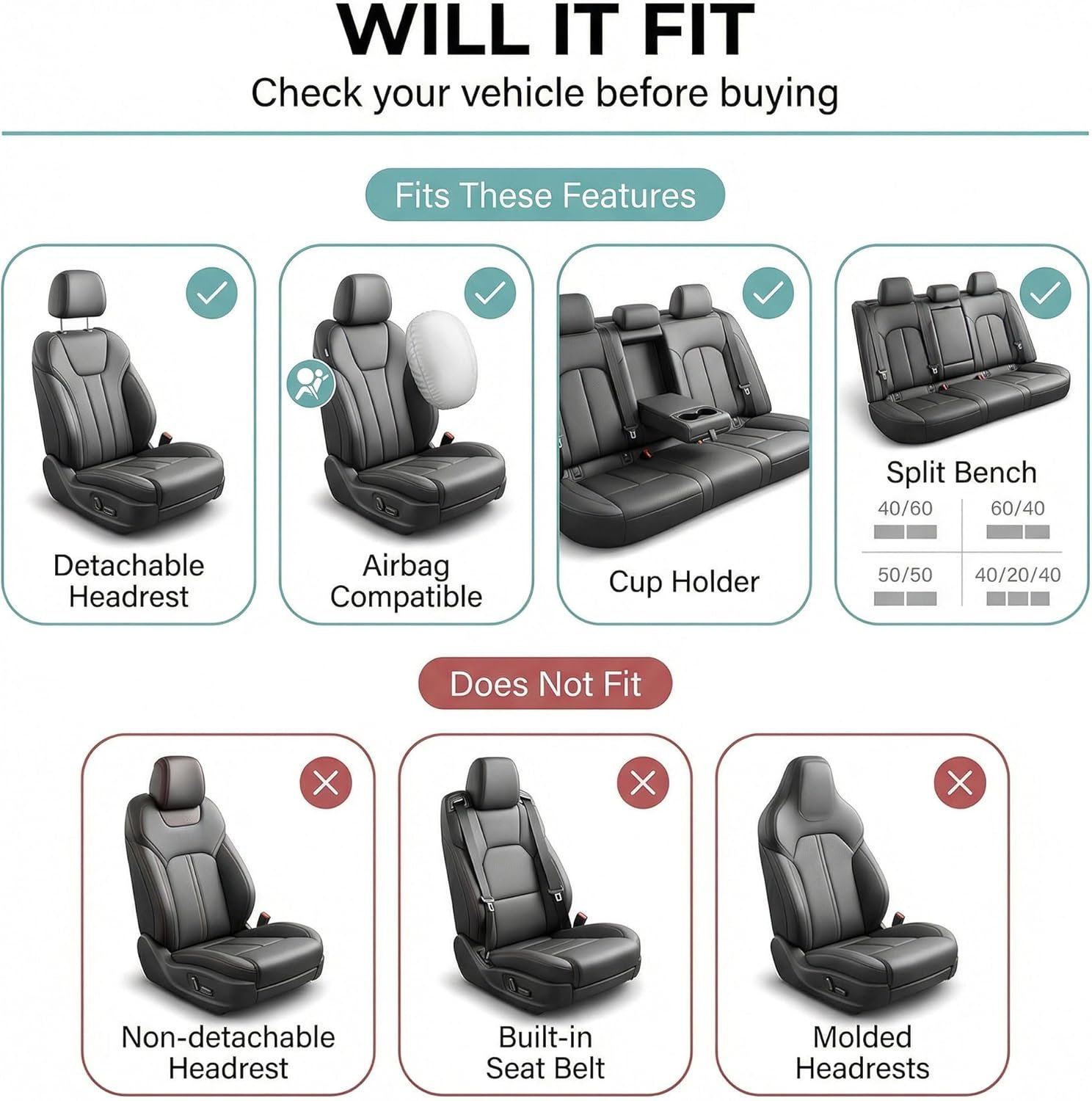 FH Group Full Set Cloth Car Seat Covers, Universal Fit Front and Split Bench Rear, Airbag Compatible, Washable for SUV, Sedan, Van - Black