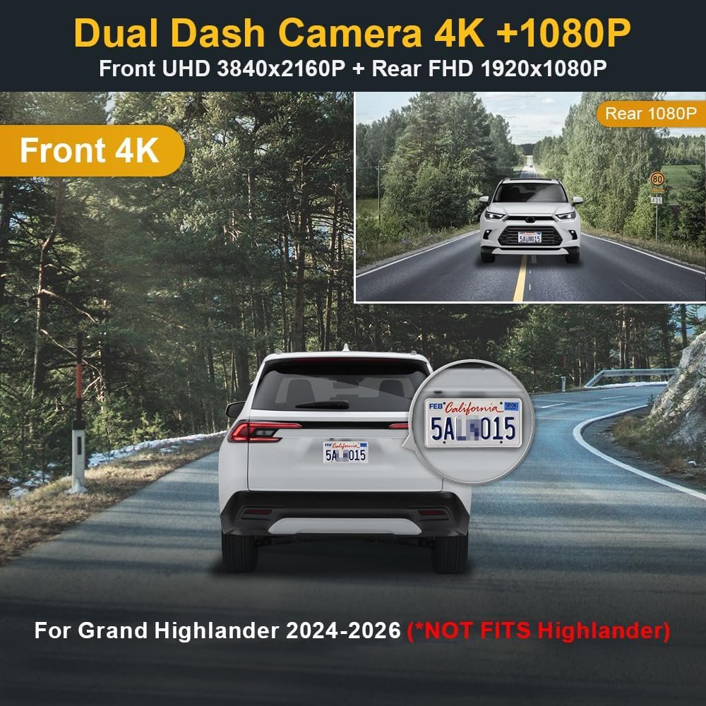 Fitcamx Front 4K+Rear 1080P Dash Cam Adapts for Toyota Grand Highlander 2024-2026 Hybrid (HD2-0E130), OEM Factory Look, Dual HD Video, WiFi & APP, Loop Recording, G-Sensor, Easy to Set, 128GB Card