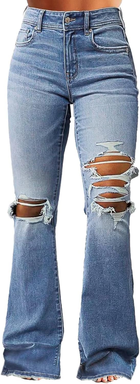 Flamingals Women's Bell Bottom Jeans Flare Distressed Ripped Stretchy Mid Rise Bootcut Denim Jeans