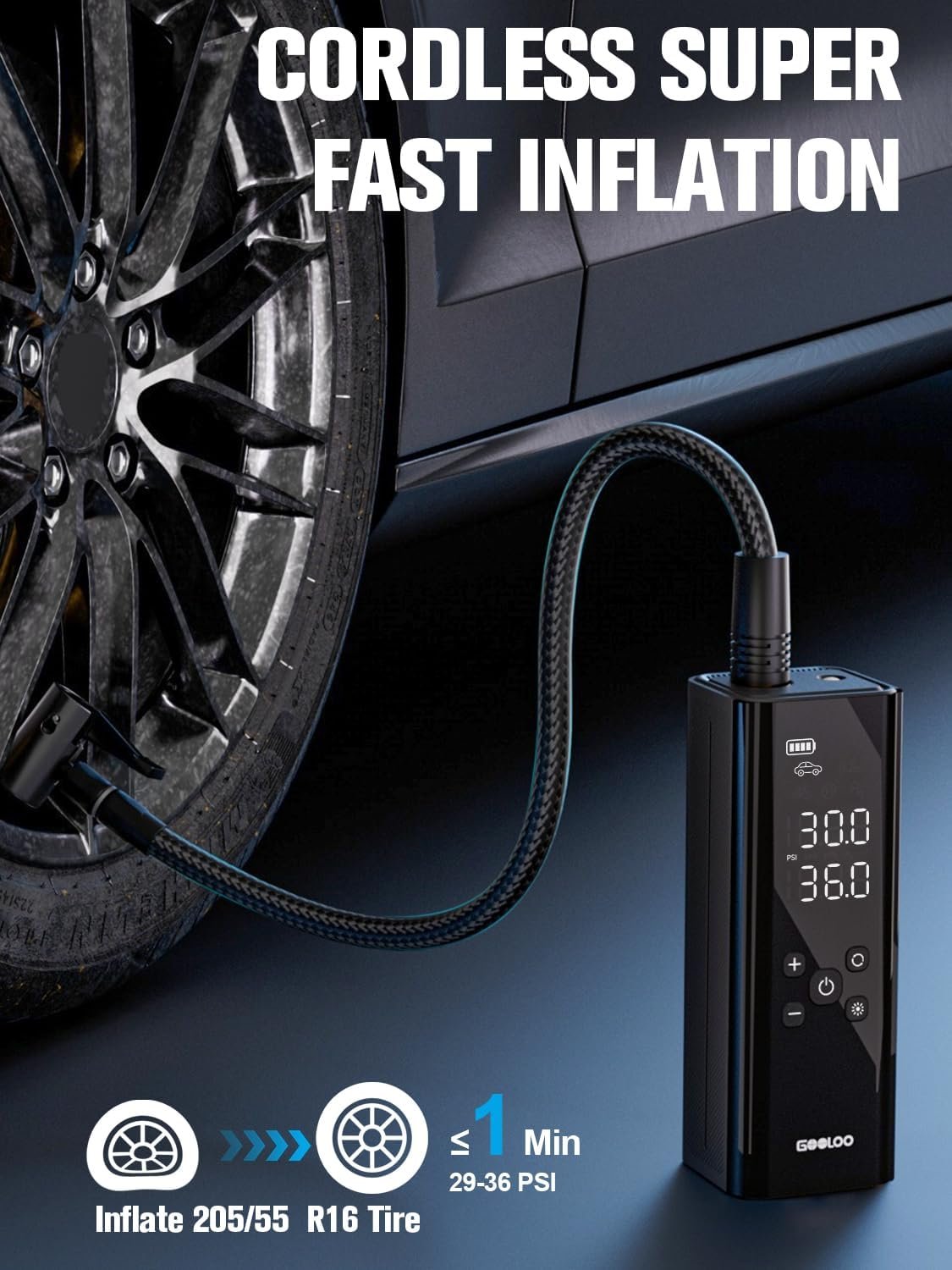 GOOLOO GT150 Tire Inflator Portable Air Compressor，4X Faster 150PSI Cordless Air Pump for Car Tires with Tire Pressure Gauge, Smart Electic Tire Pump with Auto-Shutoff for Pickup, Motor, Bike，Balls
