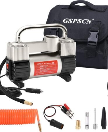 GSPSCN 12V Heavy Duty Tire Inflator Metal Portable Air Compressor Pump | 6X Faster Inflation Dual Cylinders 150PSI Air Pump with Adapter for Car, RV,Pickup Truck, SUV, Van,Camper, Air Bed,Ball