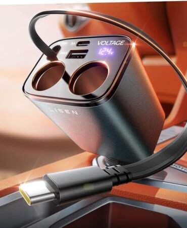 LISEN Car Cigarette Lighter Splitter, Metal 90W Dual Cigarette Lighter Adapter Metal with PD30W Retractable Car Charger, LED Voltage12V/24V Car Charger Splitter for iPhone 16, GPS, DashCam