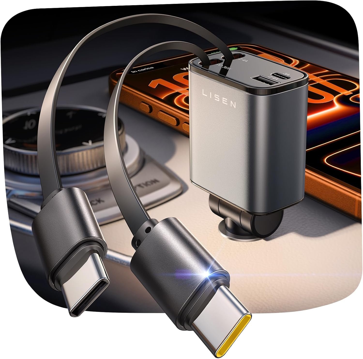 LISEN Retractable Car Charger USB C [Upgraded Dual Type C] 75W Fast 4 in 1 Car Charger for iPhone 17, Road Trip Essentials Gifts for Men Women, Car Accessories for Galaxy S26 Phone 17e 16 15 Pro Max
