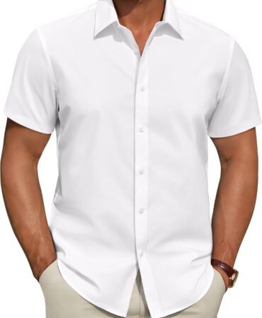 Men's Short Sleeve Dress Shirts Stretch Stain Shield Business Casual Button Down Shirts Solid Formal Wedding Tops