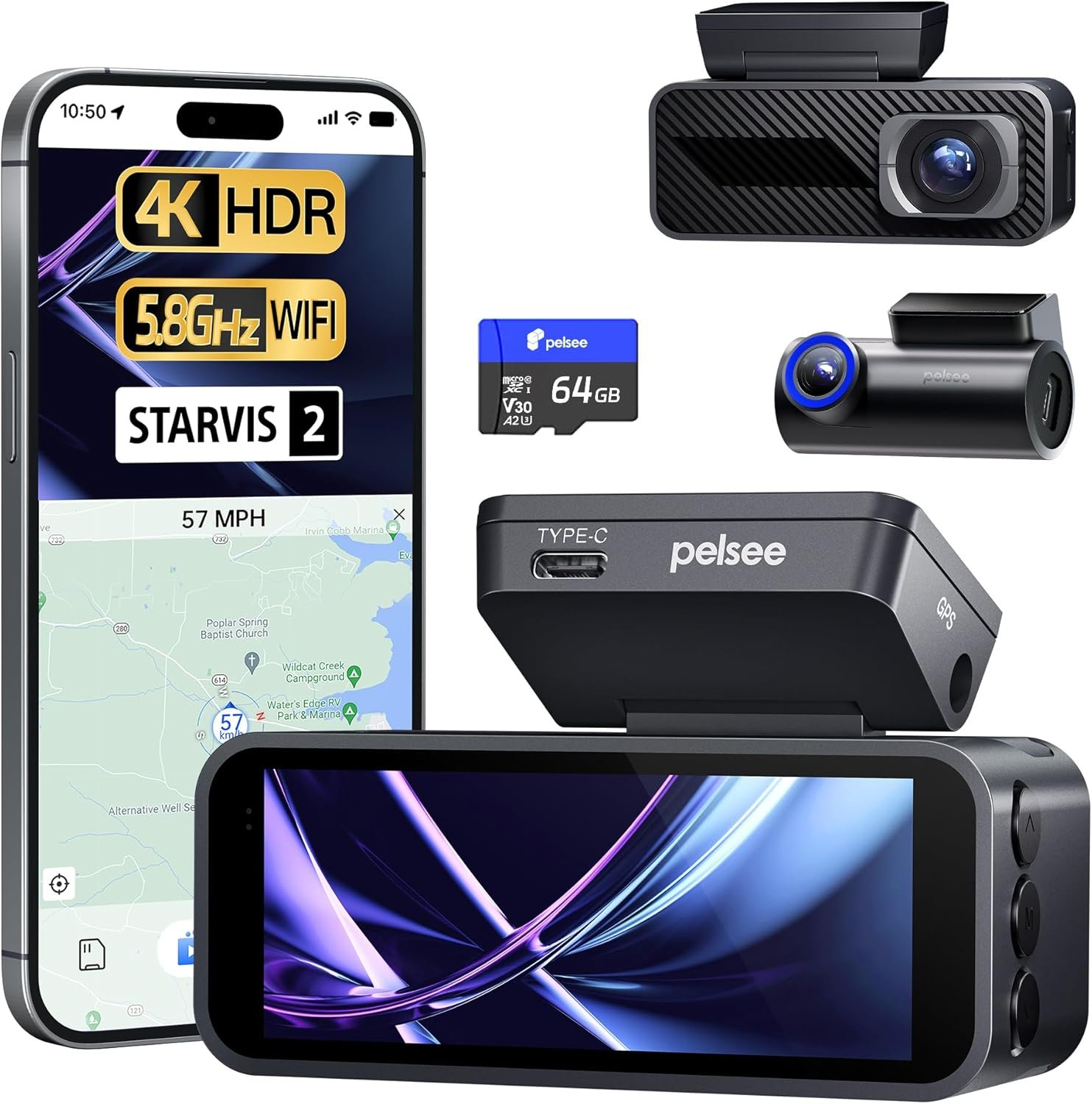 Pelsee P1 Pro 4K Dash Cam Front and Rear, STARVIS 2 Sensor, 64GB Card, Dual Dash Camera for Cars with Full-Color Night Vision, HDR WDR, ADAS, GPS, WiFi & Voice Control, 24H Parking Mode, 3.39" Screen