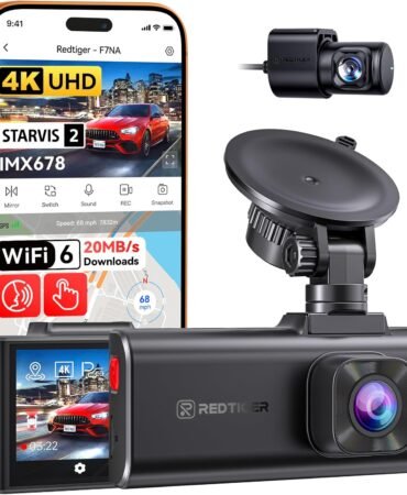 REDTIGER F7NA 4K Dual Dash Cam, STARVIS 2 IMX678, 8MP, 5GHz WiFi (20MB/s Fast Download), 4K Front 1080P Rear, GPS, Voice Control, WDR, HDR Night Vision, 24H Parking Mode, Support 512GB Max(No SD Card)