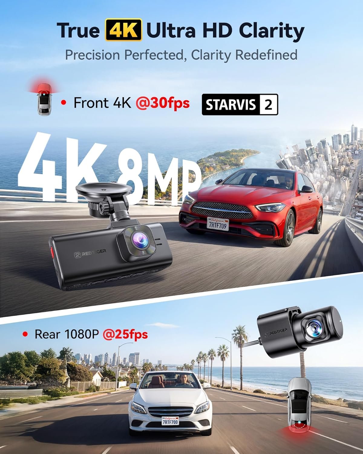 REDTIGER F7NA 4K Dual Dash Cam, STARVIS 2 IMX678, 8MP, 5GHz WiFi (20MB/s Fast Download), 4K Front 1080P Rear, GPS, Voice Control, WDR, HDR Night Vision, 24H Parking Mode, Support 512GB Max(No SD Card)