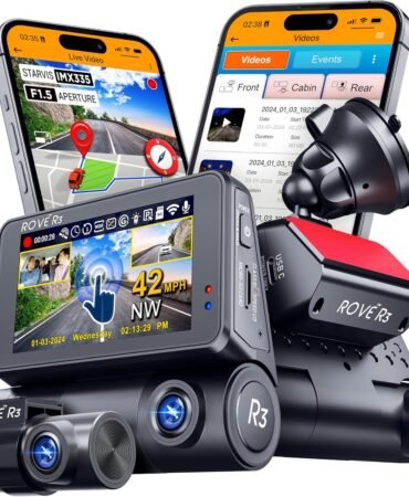 ROVE R3 Dash Cam Front and Rear with Cabin, 3” IPS Touch Screen, 3 Channel Dash Cam 1440P+1080P+1080P, IR Night Vision, 5GHz WiFi, Up to 30MB/s Download Speed, Quad-Mode GPS, Supports 512GB Max