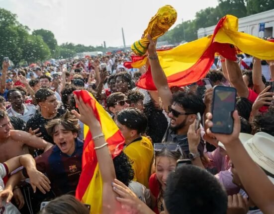 Spain fans celebrate after victory over Argentina in the 2026 World Cup final