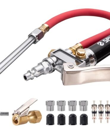 Spurtar 10-120 PSI Tire Pressure Gauge with Inflator Heavy Duty | Air Chuck Pressure Gauge with 4 Way Tool Valve Cores Air Compressor Attachments Tire Inflator Nozzle for Car Automotive Truck