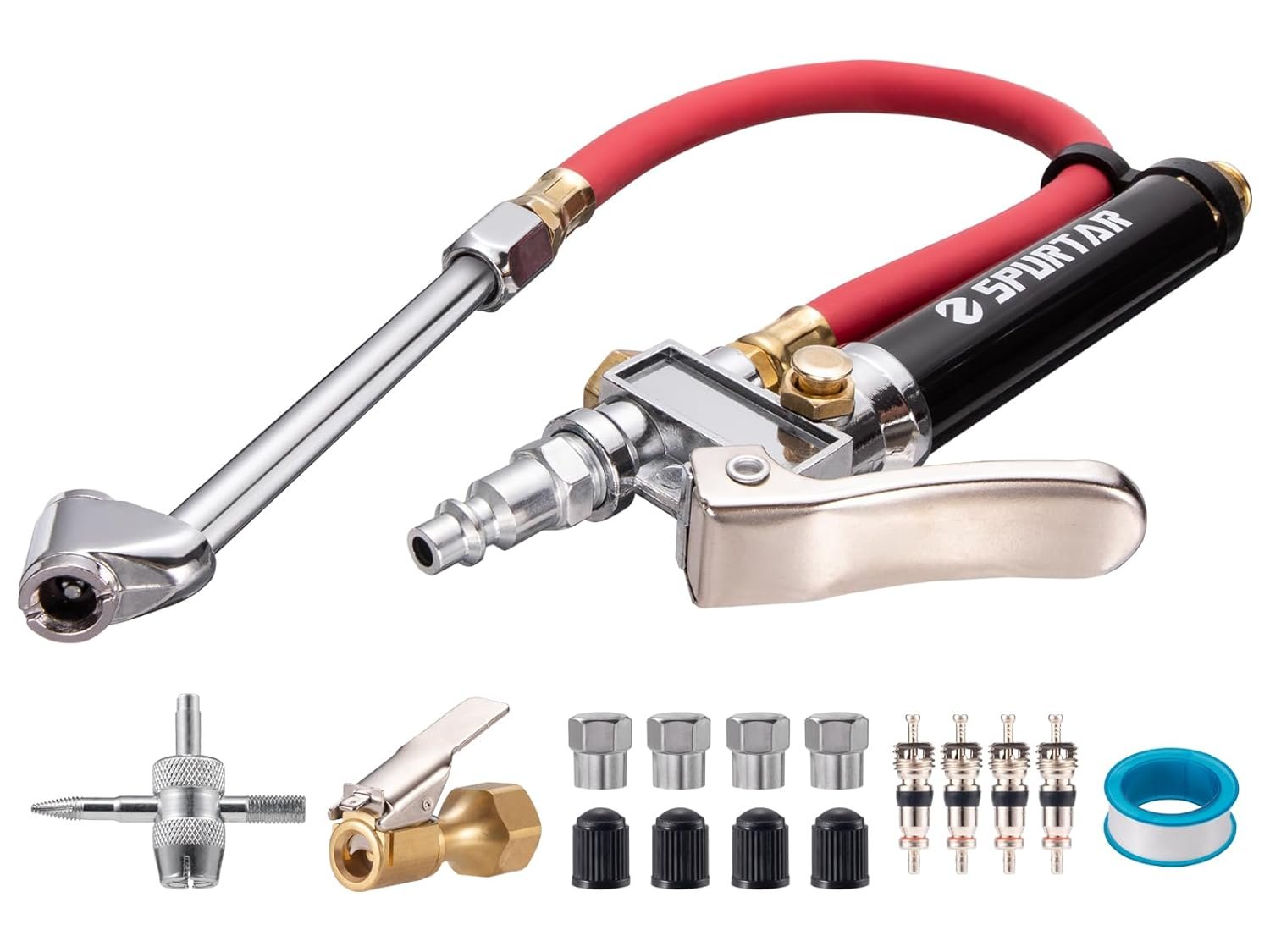Spurtar 10-120 PSI Tire Pressure Gauge with Inflator Heavy Duty | Air Chuck Pressure Gauge with 4 Way Tool Valve Cores Air Compressor Attachments Tire Inflator Nozzle for Car Automotive Truck