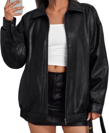 Trendy Queen Womens Oversized Leather Jacket Moto Bomber Coat for Spring Fall