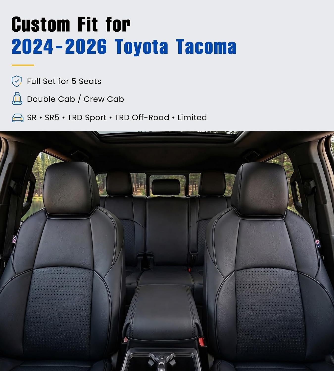 Trumgeta Full Coverage Seat Covers Fit for Toyota Tacoma Double Cab 2024+ | Black Leather Seat Cushion Protectors, 5-seat waterproof faux leather covers, airbag compatible, with bonus armrest cover