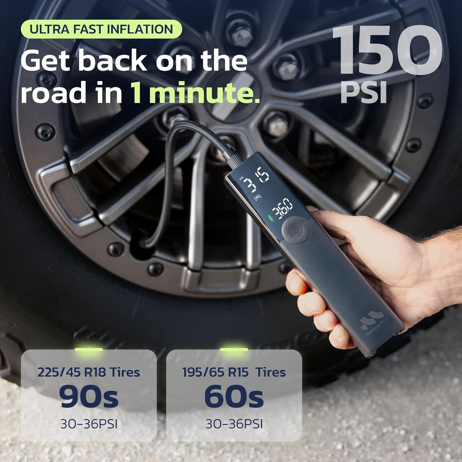 Ventus Pro Tire Inflator Portable Air Compressor, 3X Faster, 150PSI Air Pump for Car Tires, Tire Pump, with 12V DC Cord for Trucks & Off-Road Tires, Auto Shut Off-by Woowind