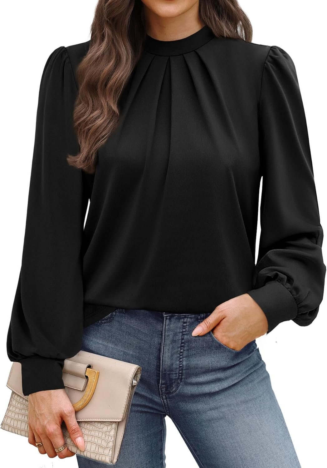 WIHOLL Long Sleeve Shirts for Women Mock Neck Tops Pleated Front Blouses Dressy Casual Spring Fall Clothes 2026 Fashion