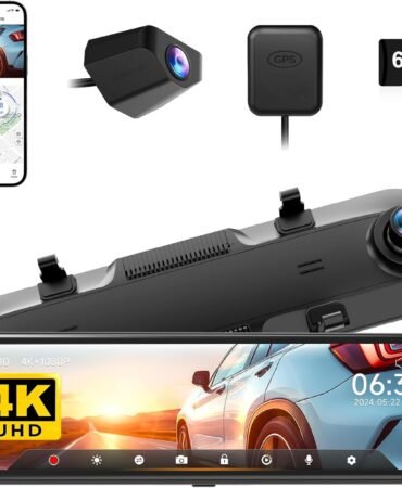 WOLFBOX G850 12" 4K Rear View Mirror Camera with 5.8GHz WiFi and Voice Control, Smart Mirror Dash Cam Front and Rear, Backup Camera with 1080P, Dash Cam with WDR, Includes 64GB Card & GPS