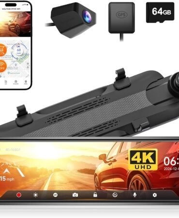 WOLFBOX G930 10'' Rear View Mirror Camera with 5.8GHz WiFi, 4K Dash Cam Front and Rear with WDR, Touch Screen Rearview Mirror Backup Camera, Parking Monitor, Reverse Assist, Includes 64GB Card & GPS